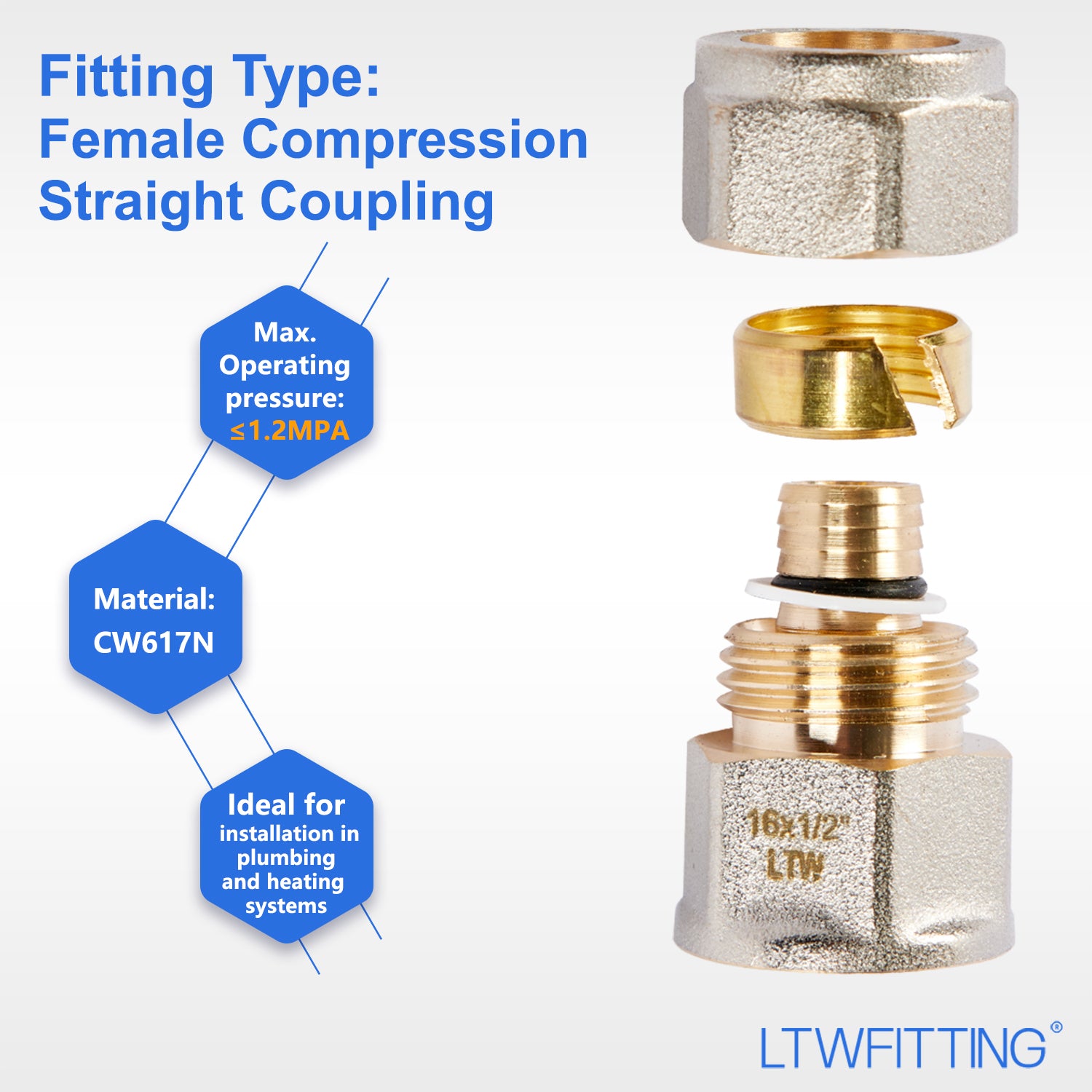 LTWFITTING Schraubfitting Übergang mit 1/2" Innengewinde 16 x 2,0mm Klemmringverschraubung für Aluverbundrohr und Mehrschichtverbundrohr.