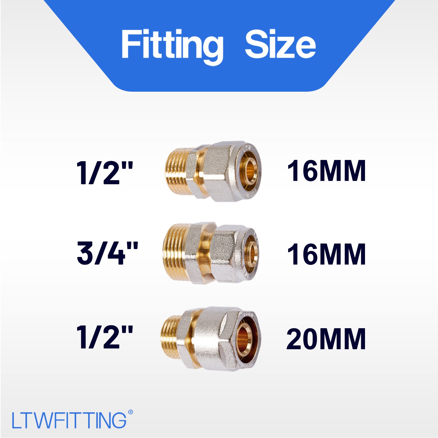 LTWFITTING Klemmring-Schraubfitting für Aluverbundrohr, Übergang mit Außengewinde, 16mm x 1/2", 16mm x3/4", 20mm x 1/2"(6 Stück)