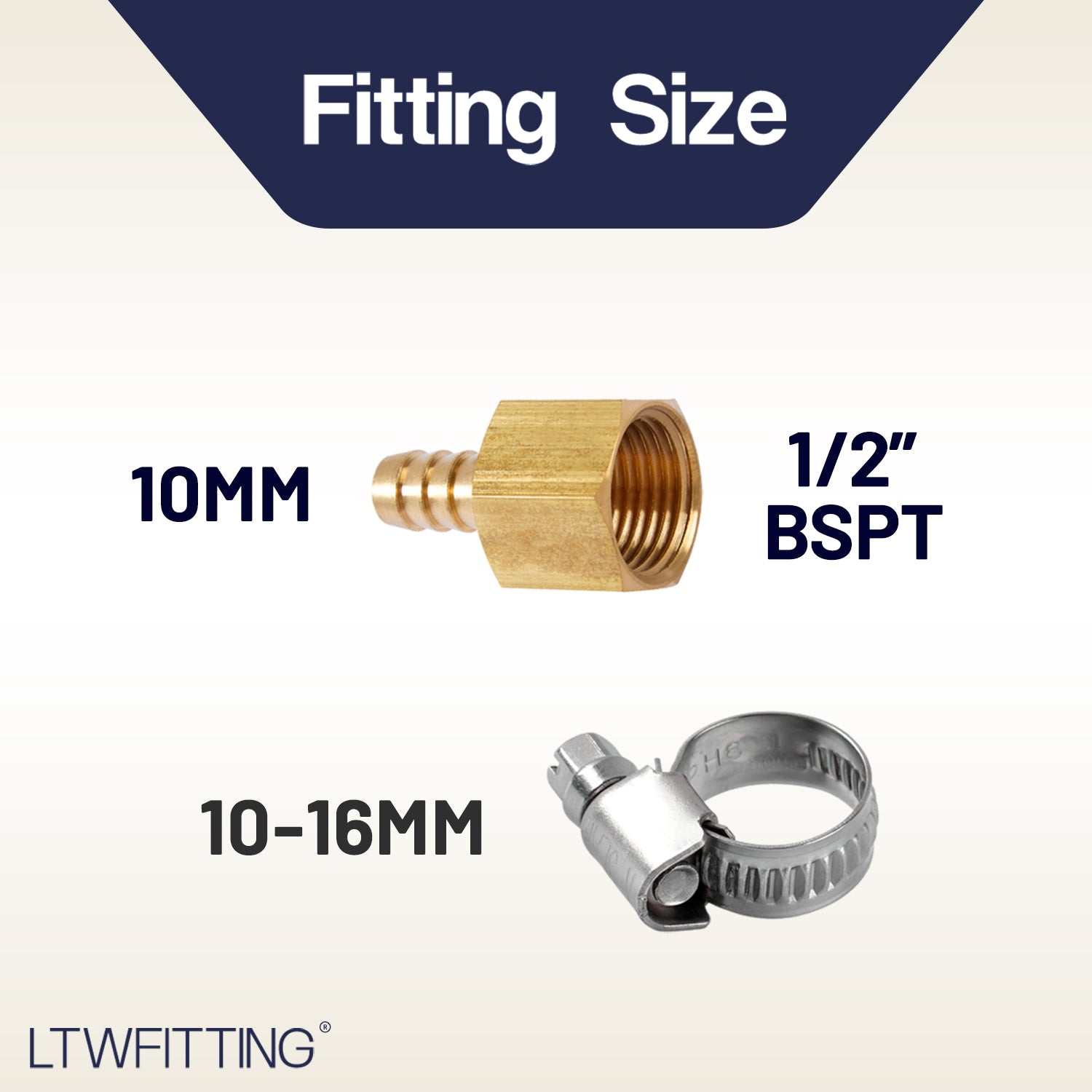 LTWFITTING 2er Set Schlauchtülle 1/2" BSP x 10mm ID Messingkupplung mit Edelstahl 316 Schlauchschelle 10-16mm