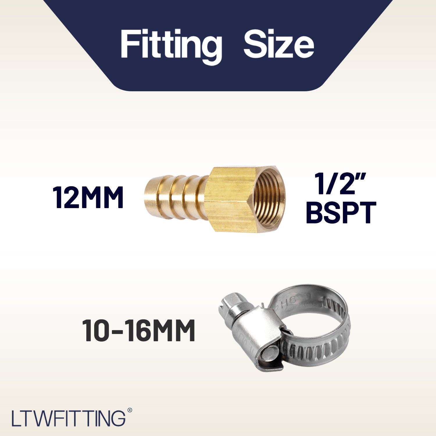 LTWFITTING 2er Set Schlauchtülle 1/2" BSP x 12mm ID Messingkupplung mit Edelstahl 316 Schlauchschelle 10-16mm