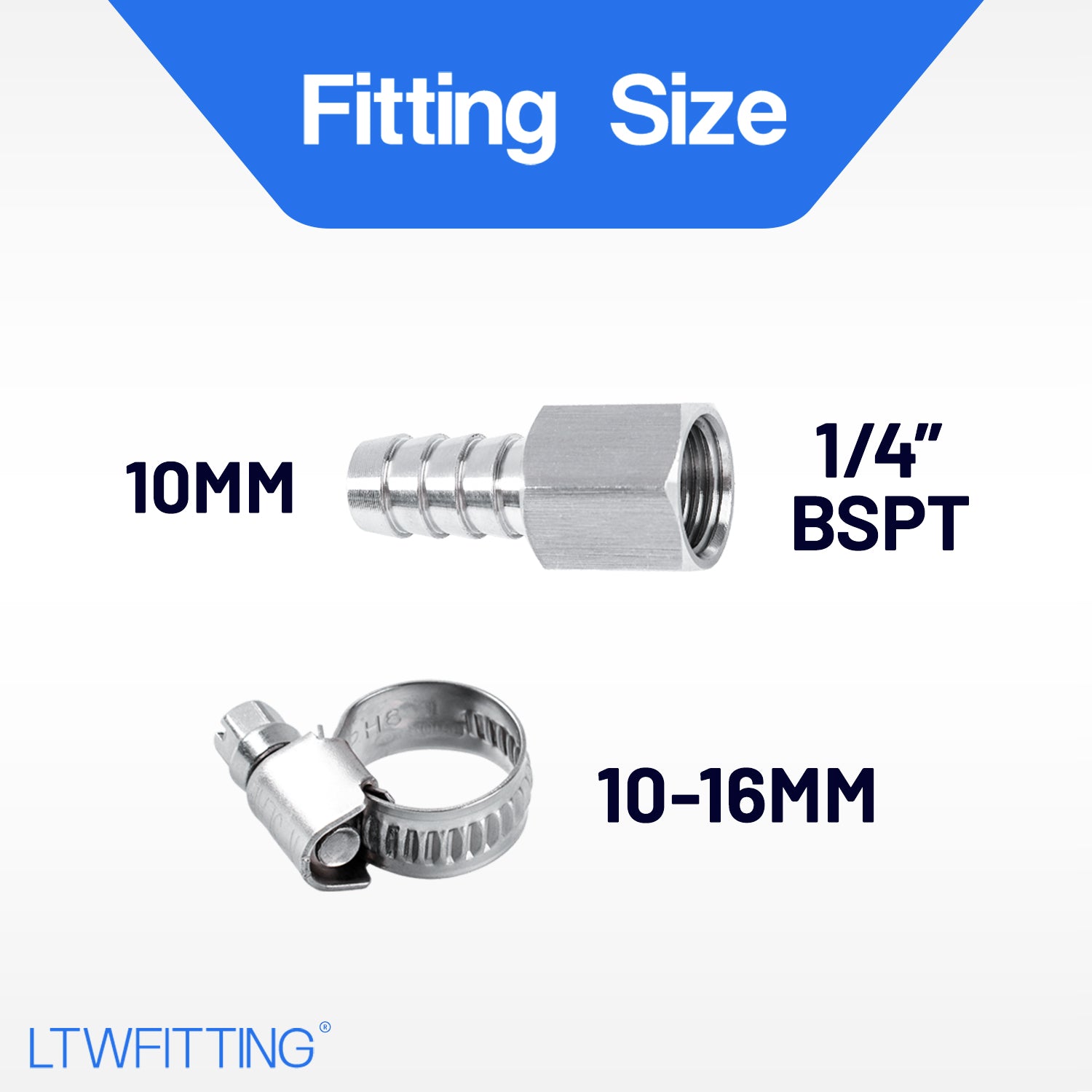 LTWFITTING 2er Set Schlauchtülle 1/4" BSP x 10mm ID Edelstahl 316 Kupplung mit Schlauchschelle 10-16mm
