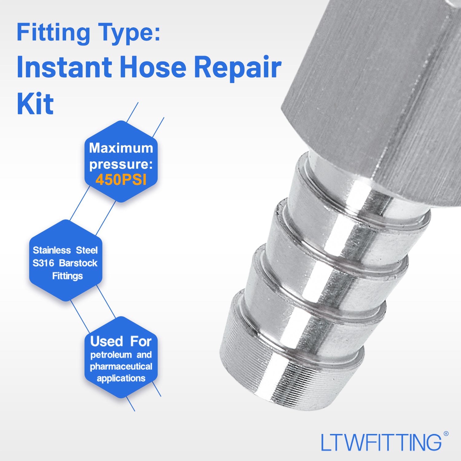 LTWFITTING 2er Set Schlauchtülle 1/4" BSP x 10mm ID Edelstahl 316 Kupplung mit Schlauchschelle 10-16mm