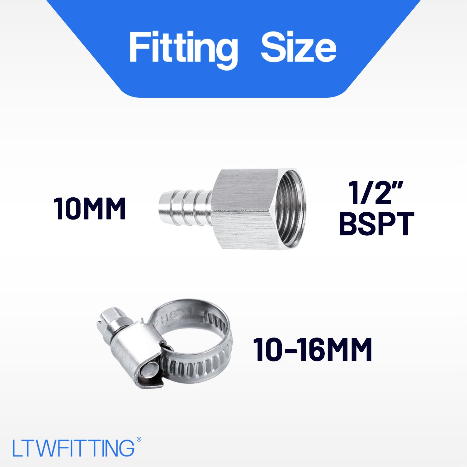LTWFITTING 2er Set Schlauchtülle 1/2" BSP x 10mm ID Edelstahl 316 Kupplung mit Schlauchschelle 10-16mm