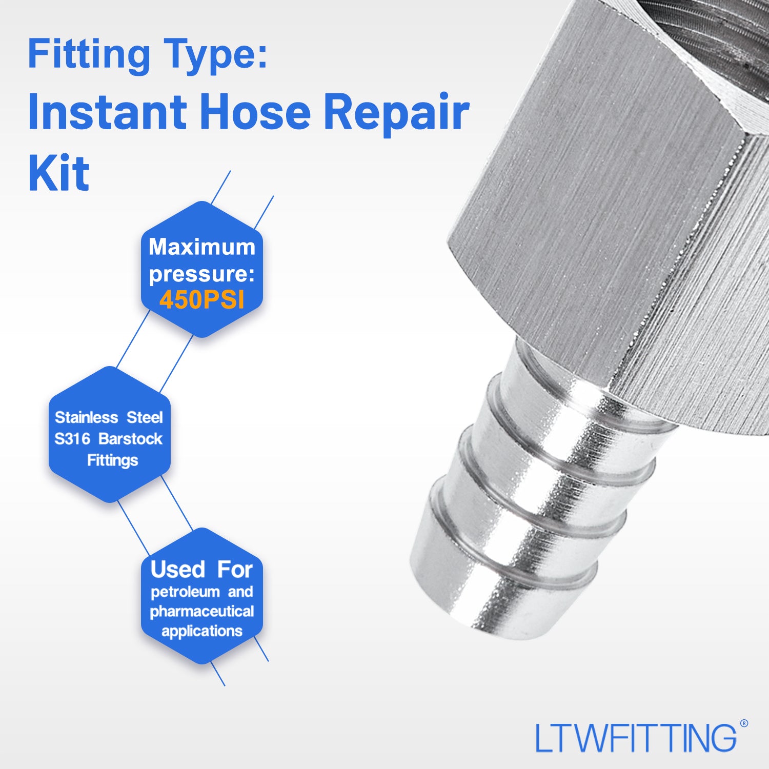 LTWFITTING 2er Set Schlauchtülle 1/2" BSP x 10mm ID Edelstahl 316 Kupplung mit Schlauchschelle 10-16mm