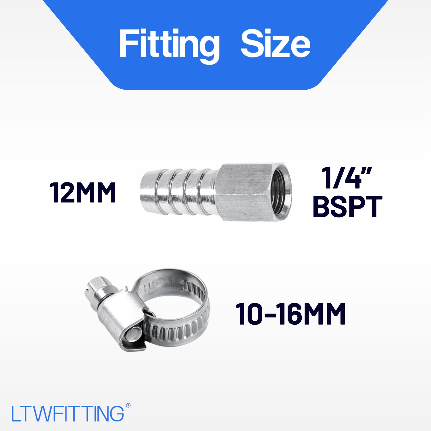LTWFITTING 2er Set Schlauchtülle 1/4" BSP x 12mm ID Edelstahl 316 Kupplung mit Schlauchschelle 10-16mm