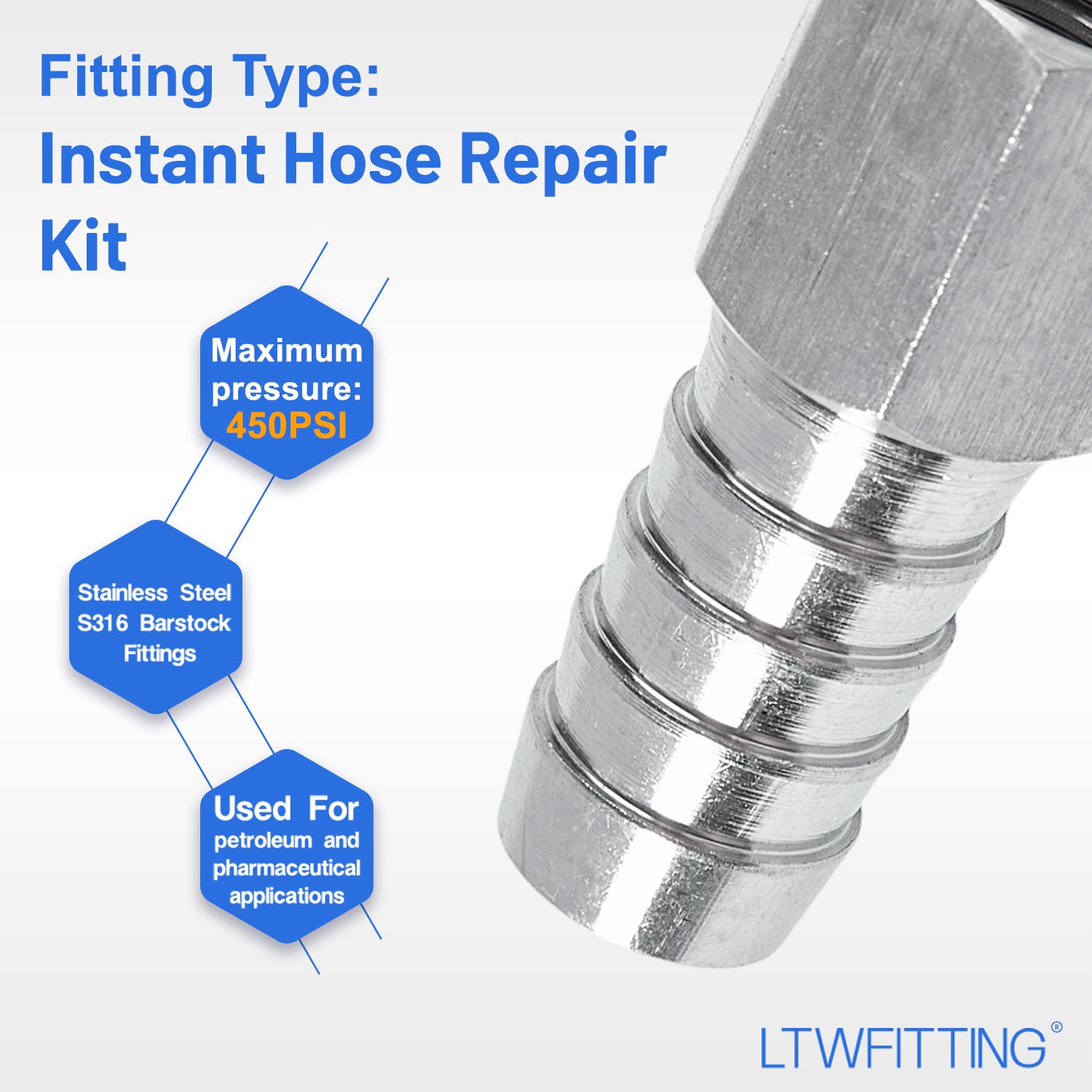LTWFITTING 2er Set Schlauchtülle 1/4" BSP x 12mm ID Edelstahl 316 Kupplung mit Schlauchschelle 10-16mm