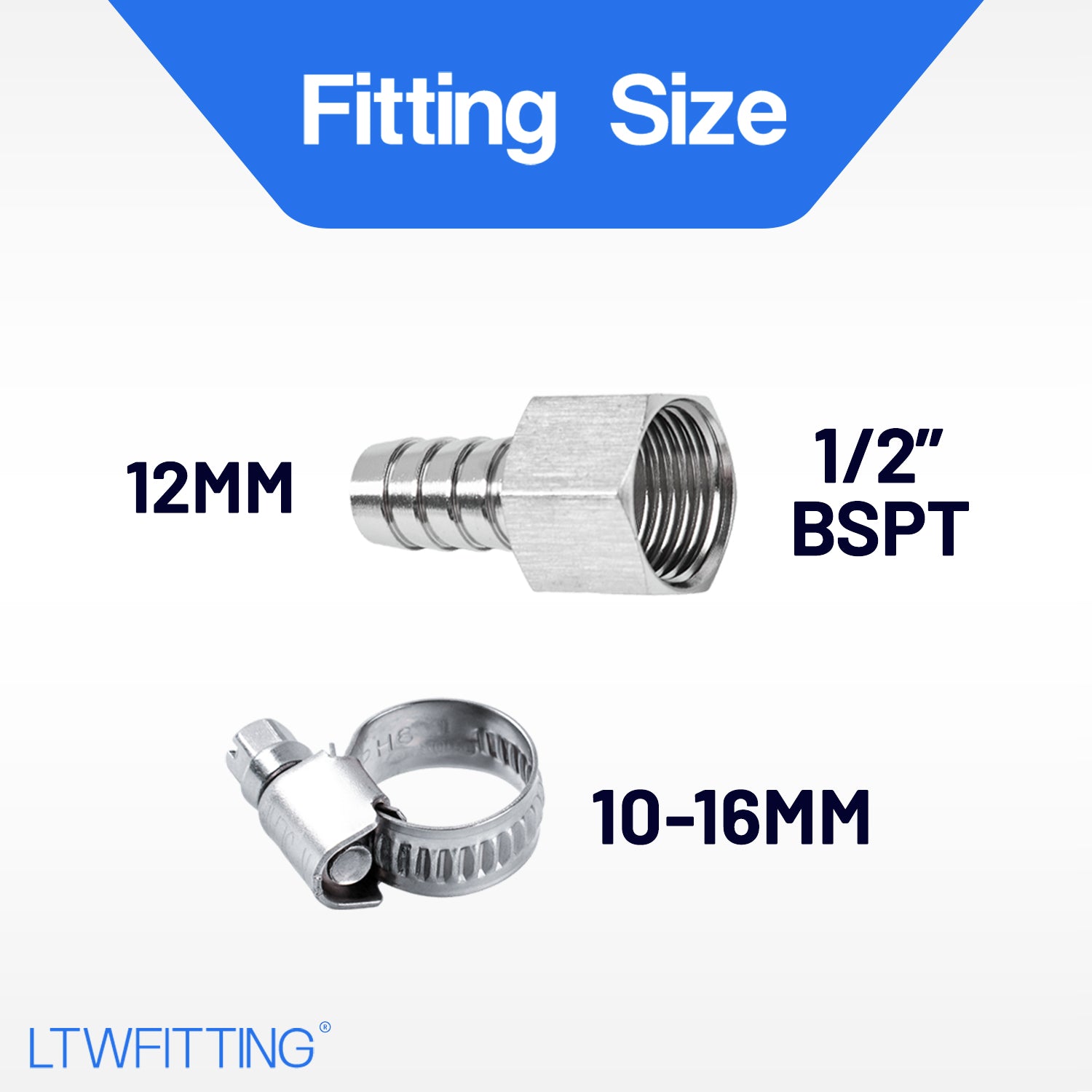 LTWFITTING 2er Set Schlauchtülle 1/2" BSP x 12mm ID Edelstahl 316 Kupplung mit Schlauchschelle 10-16mm
