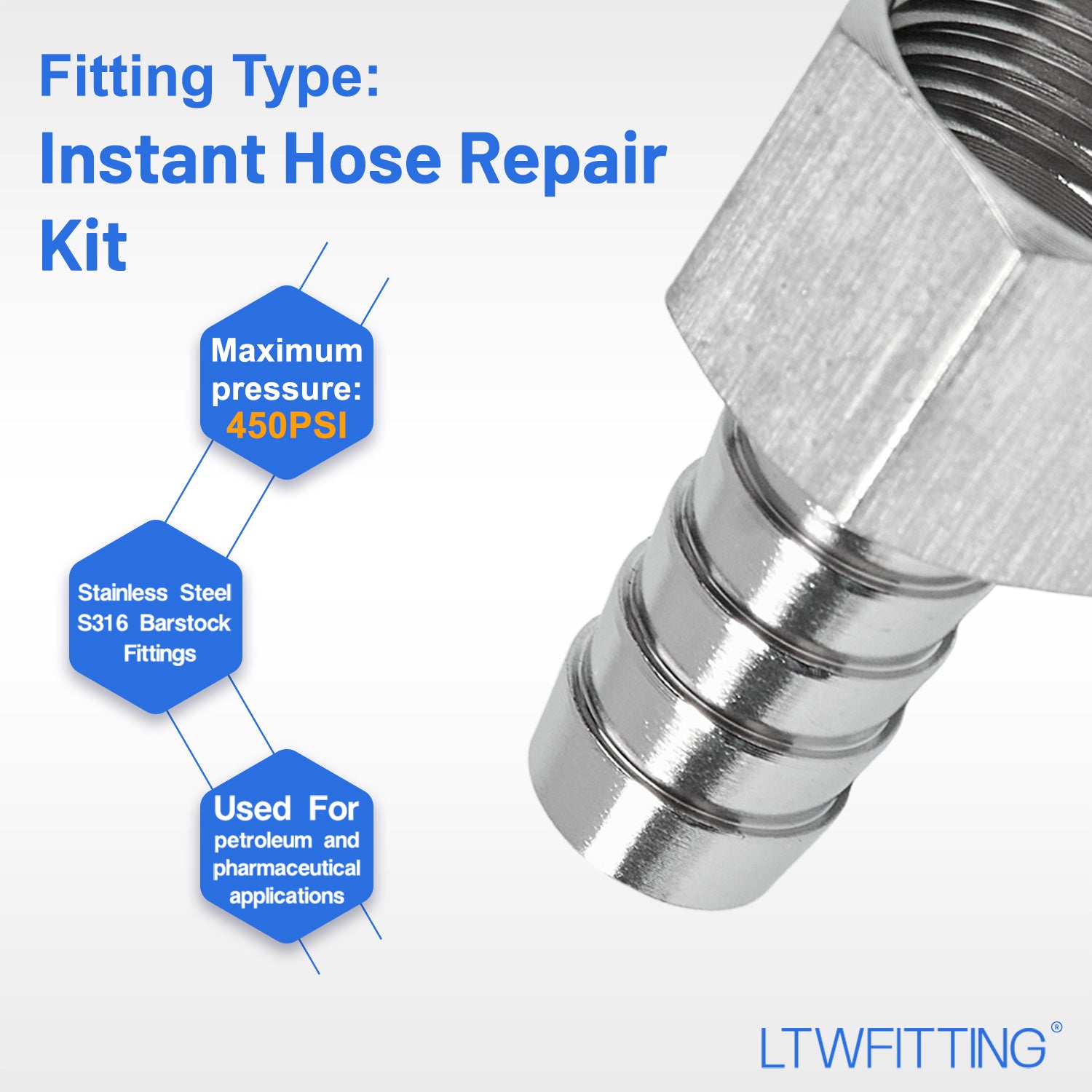 LTWFITTING 2er Set Schlauchtülle 1/2" BSP x 12mm ID Edelstahl 316 Kupplung mit Schlauchschelle 10-16mm