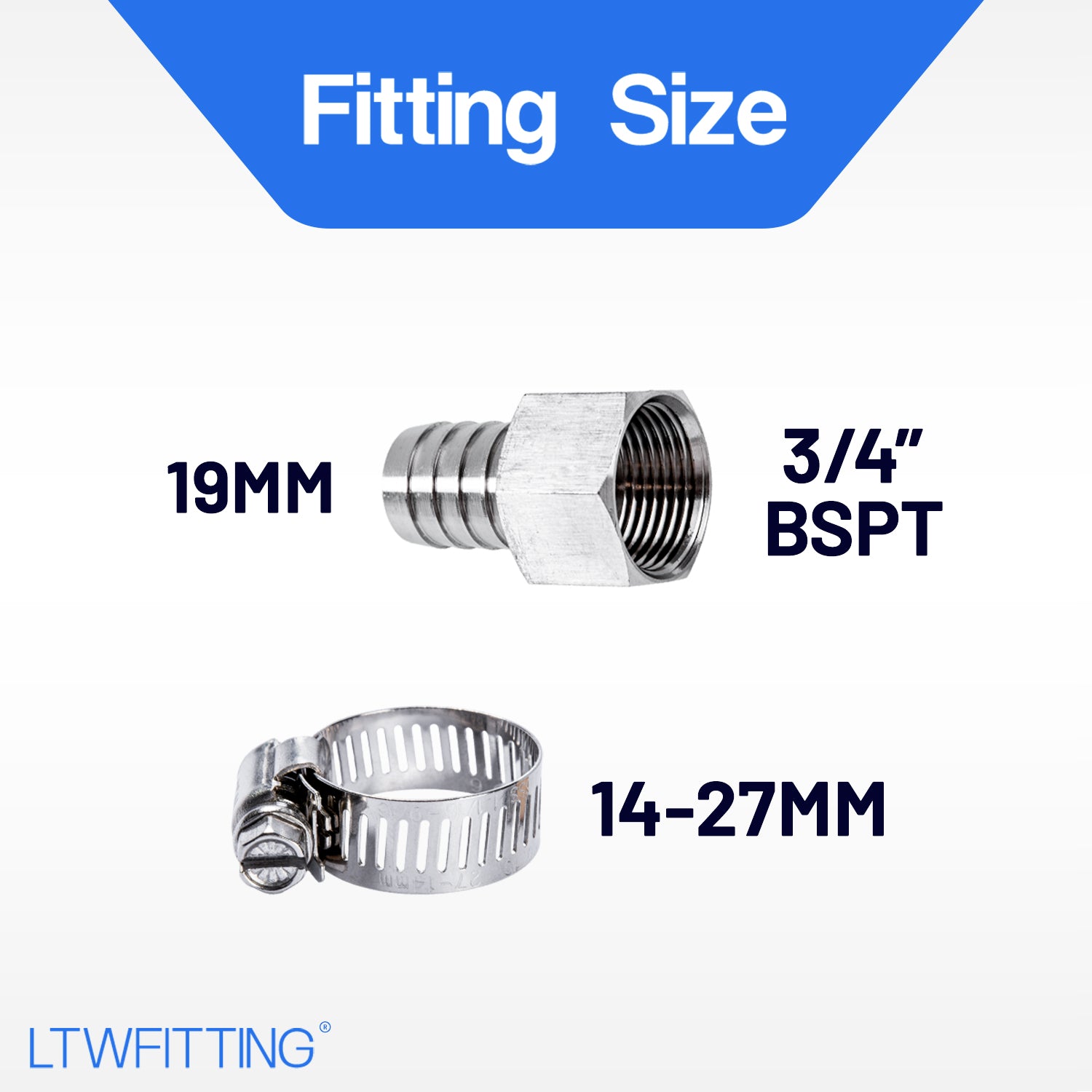 LTWFITTING 2er Set Schlauchtülle 3/4" BSP x 19mm ID Edelstahl 316 Kupplung mit Schlauchschelle 14-27mm